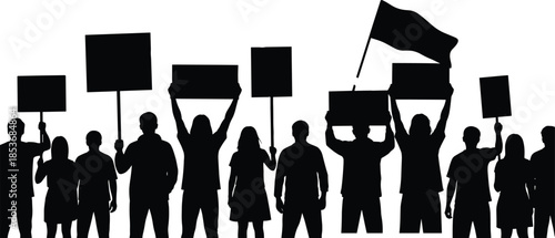 People silhouette holding protest signs and flag representing social movement demonstration activism freedom expression and collective voice isolated on white background
