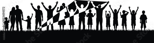 People silhouettes celebrating together holding large flag banner, community unity, family and children crowd standing on grass isolated background