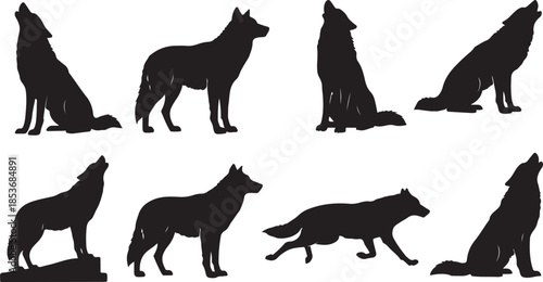 Wolf Silhouettes in Various Poses howling standing