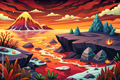 dark volcanic beach meets the sea, surrounded by sparse coastal plants adapted to harsh conditions and mineral-rich coastal soil