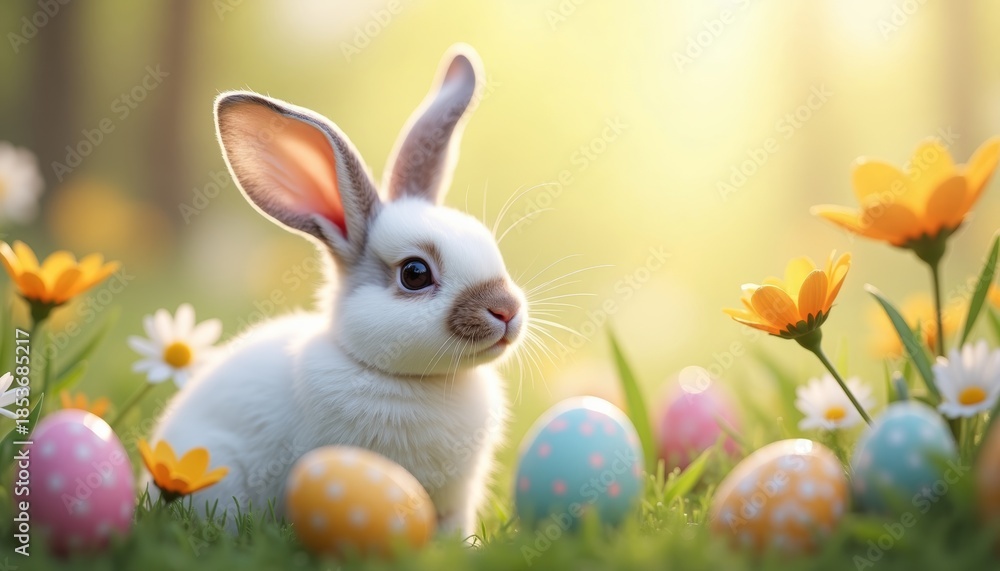 Fototapeta premium A small white rabbit sits among colorful Easter eggs and blooming flowers in a sunlit meadow. The scene captures the essence of spring and Easter celebrations.