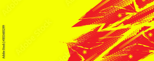 Abstract Grunge Pop Art Background with Red Brush Strokes and Yellow Arrow Shapes with Halftone Pattern. For Sport, Race, Music, or Fight Match and Event Banner or Poster Design