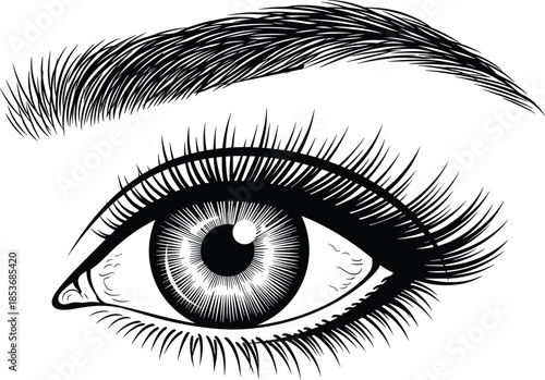 Realistic human eye illustration, detailed iris texture, curved eyelashes, arched eyebrow, black and white sketch, anatomy, beauty, emotion, flat vector illustration