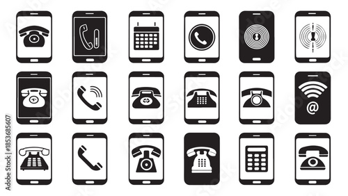 Collection of smartphone icons featuring various telephones and communication symbols