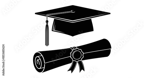 Graduation Cap and Diploma Icon – Academic Achievement Silhouette Vector