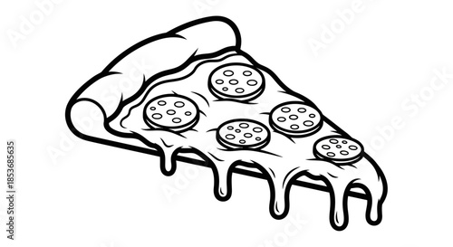 Pepperoni Pizza Slice Icon – Melting Cheese Line Art Vector Illustration