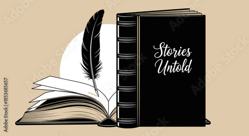 Stories Untold Book Cover with Feather Quill – Vintage Writing and Literature Icon