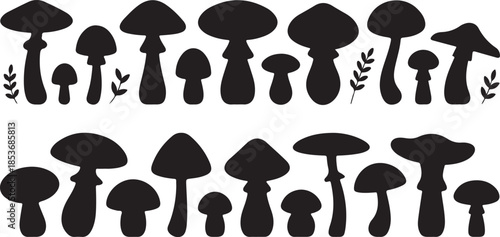 Black Silhouettes of Various Mushrooms and Leaves fungus