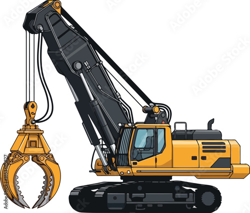 Yellow Excavator with Claw Attachment