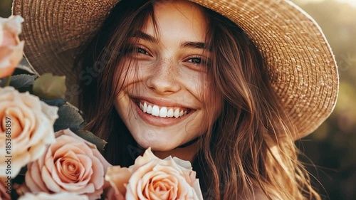 Smiling woman with roses outdoors