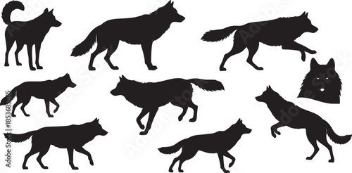 Black wolf silhouettes in various poses on white background