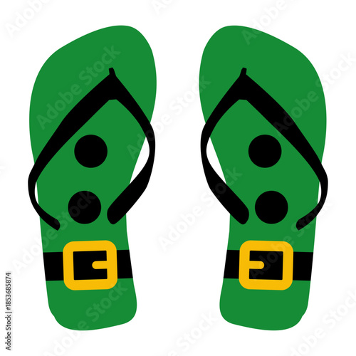 Logo flip flops. Icono calzado de playa. Chanclas con traje de elfo de Santa Claus para tarjetas y felicitaciones de Navidad