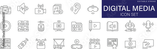 Digital media line icon set featuring social marketing content, video streaming player, internet web broadcast, and online communication network editable vector icons.