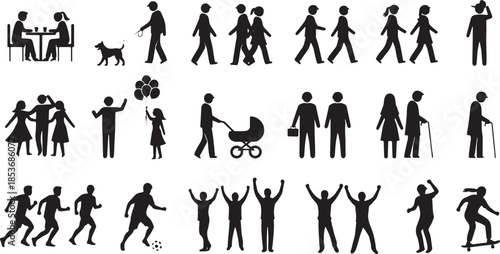 Collection of black and white human activity icons Keywords: silhouette, icons, people, activity