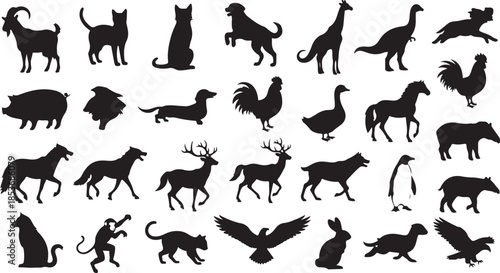 Collection of Animal Silhouettes in Rows wildlife domestic