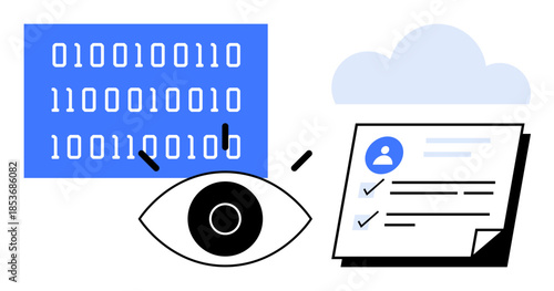 Eye observing binary data alongside a profile document with checklist and cloud graphic. Ideal for data analysis, AI, cybersecurity, surveillance, information storage, identity verification