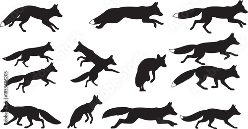 Collection of black fox silhouettes in various running poses