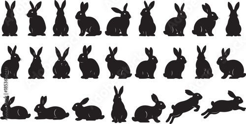 Collection of Black Rabbit Silhouettes in Various Poses Keywords: rabbit, bunny, silhouette