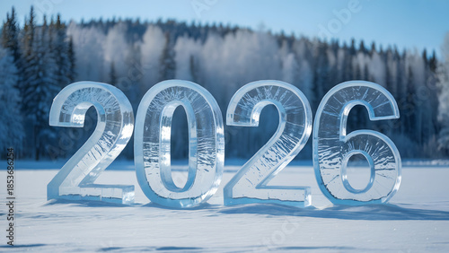 2026 new year ice numbers on snow, winter forest landscape background, frozen crystal sculpture, cold season nature, pine trees, holiday concept, sunny day outdoor wallpaper, blue sky.