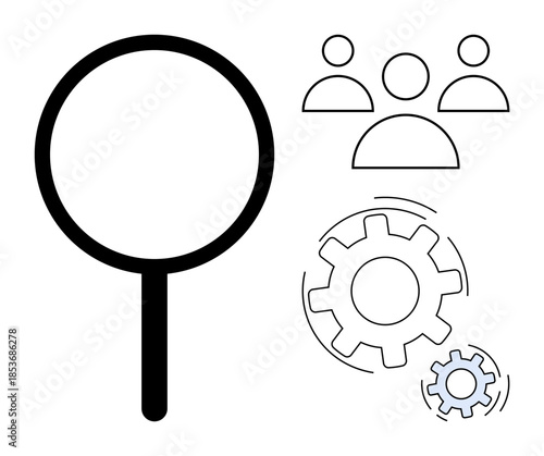 Human resources, job search, process efficiency, teamwork, optimization, analysis. Magnifying glass, people icons and gears . Human resources and job search ed through visuals