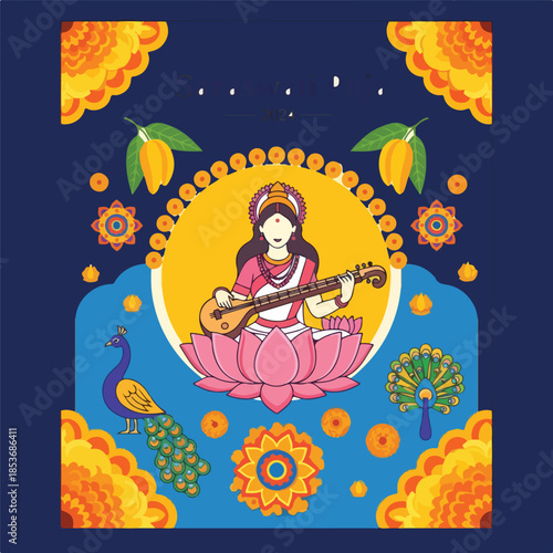 Goddess Saraswati Playing Veena on Lotus