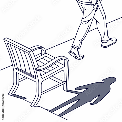 Person walking past an empty bench