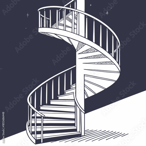 Spiral staircase ascending to night sky