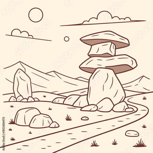Balanced rocks in desert landscape