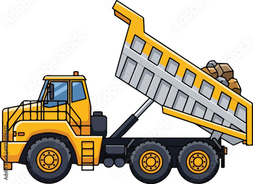 Cartoon Yellow Dump Truck Unloading Rocks and Debris Illustration