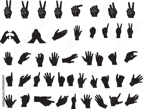 Vector illustration collection of black silhouette hand gestures and people icons featuring fitness, gymnastics, and sport signs for art design