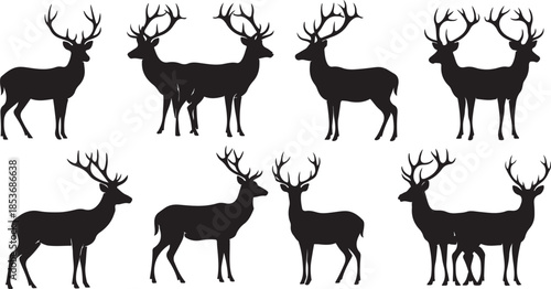 Collection of deer silhouettes with antlers Keywords: silhouette, deer, stag, elk, animal