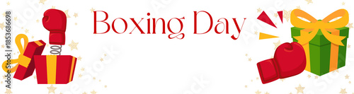 PNG image of Festive boxing day celebration banner with jumping glove and gift box on transparent background