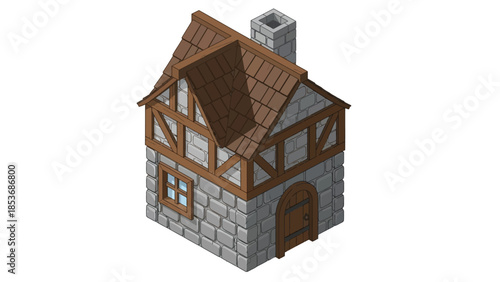 3D rendering of a small half-timbered house with a brown roof and chimney on a white background.