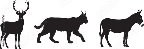 Deer lynx and donkey silhouettes on white background