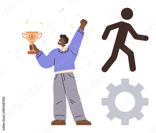 Person holding trophy with excitement, surrounding minimalist walking figure and gear underlining action, progress, and effort. Ideal for success, motivation, teamwork, achievement, productivity