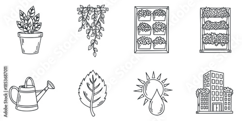 A collection of gardening icons including a potted plant, watering can, leaf, and urban garden in minimalist outline vector style, perfect for eco-friendly projects