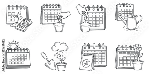 A collection of gardening-themed calendar illustrations in hand-drawn outline style, ideal for garden planning and scheduling
