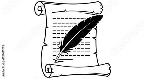 Vintage Paper Scroll with Quill Pen Illustration - Classic Writing Icon