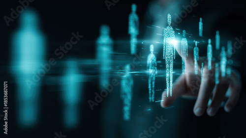 Abstract Digital People Silhouettes with Financial Graph Data Holographic Blue Network Business Analytics Technology Big Data