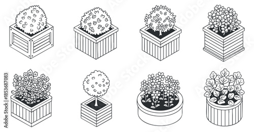 A collection of various potted plants and flowers in black and white outline vector style, suitable for gardening and home decor projects