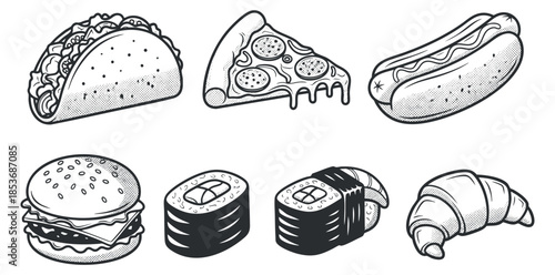 A collection of various fast food items including tacos, pizza, hot dogs, burgers, sushi, and croissants in a black and white outline vector style, perfect for food-related designs and branding