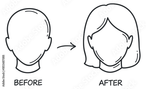 A before and after illustration showing a head transformation from bald to a styled hair look in minimalist vector outline style, ideal for beauty and makeover projects