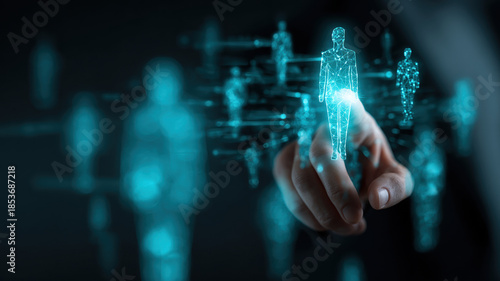 Hand Touching Holographic Blue People Icons Network Digital Human Resources Management Technology Social Connection Business Concept