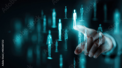 Hand Interacting with Holographic Digital Data Columns Blue Green Lights Futuristic Business Analytics Technology Interface Concept