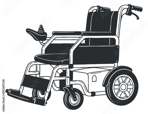 A detailed illustration of a wheelchair in black and white vector style, suitable for healthcare and accessibility design projects