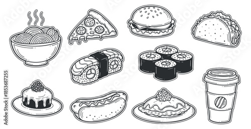 A collection of food icons including noodles, pizza, burger, taco, sushi, and desserts in black and white outline vector style, ideal for restaurant menus and food-related projects