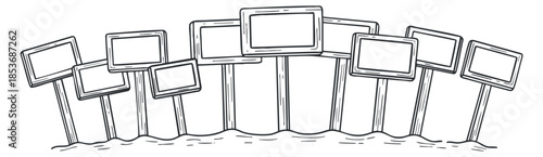 A collection of blank signs and billboards in black and white outline vector style, suitable for advertising and communication projects