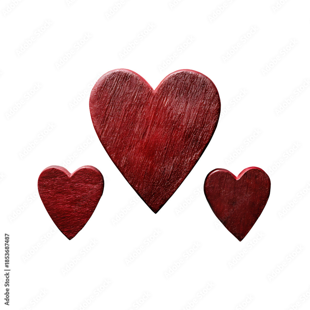 Fototapeta premium Three red hearts, one large and two small, displayed on a solid black backdrop
