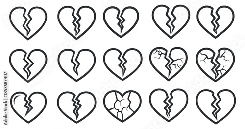 A collection of broken heart icons in clean outline vector style, suitable for emotional design projects and graphics