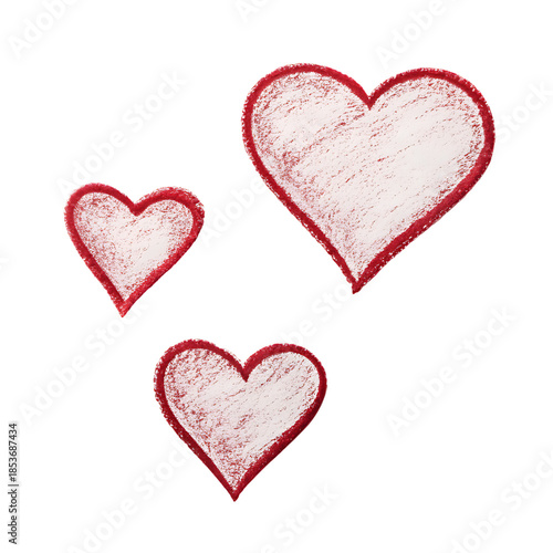 Three charming red hearts drawn in crayon style against a dark black background